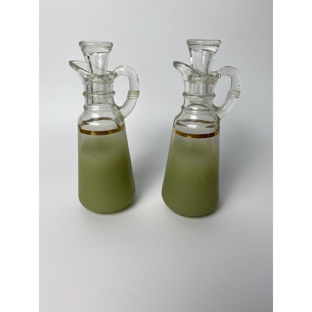 Anchor Hocking Oil And Vinegar Set, Boho Green Frosted Gold Trim Cruets